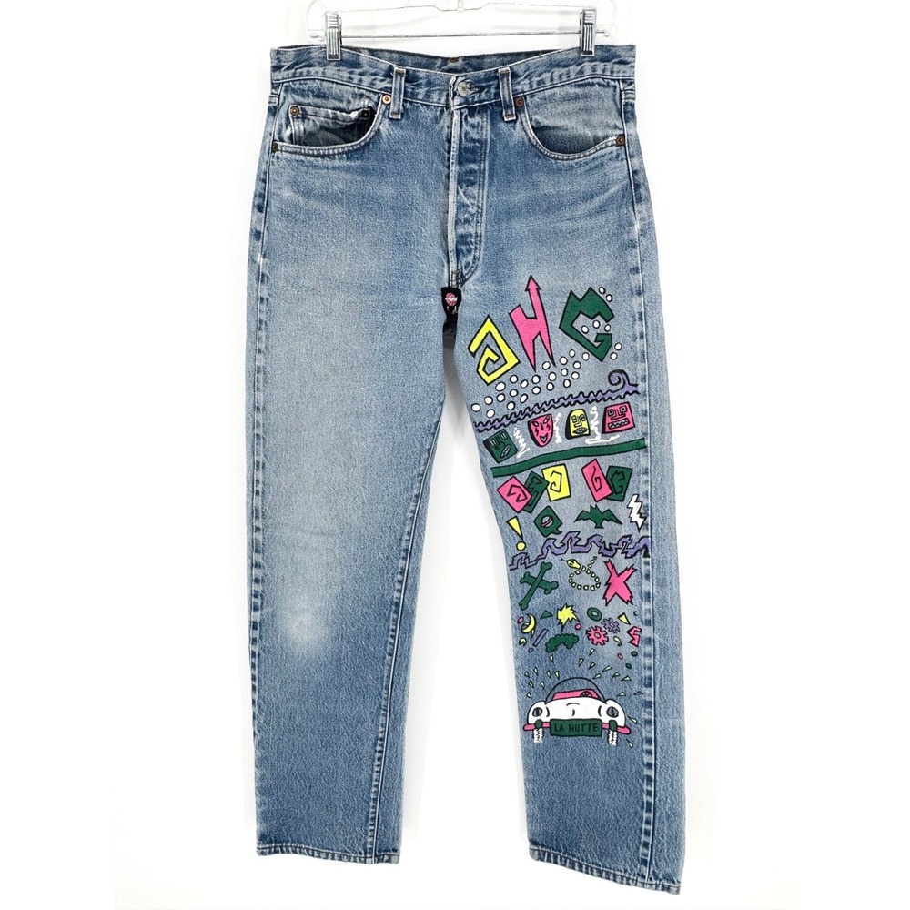 Levi's Upcycled Hand Painted 501 Button Fly Slevedge Jeans Distressed Light Wash
